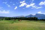 Fototapeta  - Mountain view with small village in Switzerland. View of houses on green grassy hill.