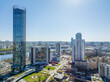 Yekaterinburg city with Buildings of Regional Government and Parliament, Dramatic Theatre, Iset Tower, Yeltsin Center, panoramic view at summer sunset.