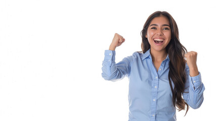 Wall Mural - Hispanic Business Woman in blue shirt has good news, smile and raised hands