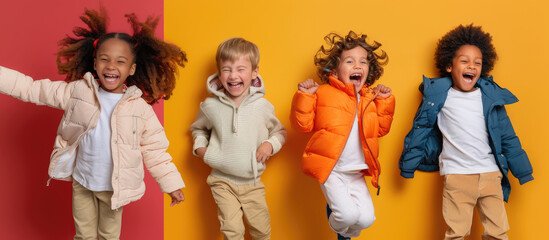 Sticker - A happy little girl with curly hair is jumping and laughing, wearing an orange jacket over a white t-shirt and beige pants on the right side