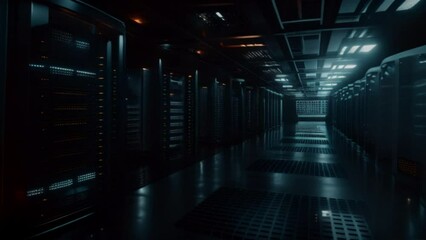 Poster - Internet concept data background,Corridor in Working Data Center Full of Rack Servers and Supercomputers