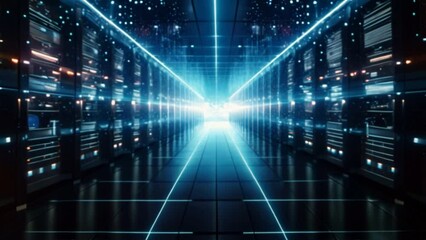 Poster - A long hallway with blue lights and a window