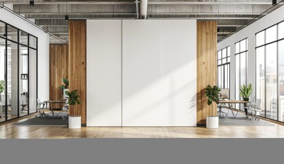 A large white wall in an office with two wood panel doors on the sides, mockup