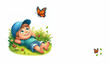 lächelnder lachender Junge Kind liegt entspannt begeistert barfuß auf sommerlich grüner Wiese mit Schmetterlingen, Vorlage Hintergrund zur Gestaltung von Karten Werbung freie Fläche isoliert