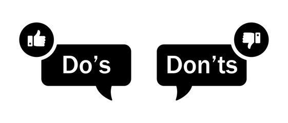 Aufkleber - Do's and don'ts icon with thumbs up and thumbs down symbol in black color. Do's and don'ts button icon with like and dislike symbol in black color. Yes and no vector.