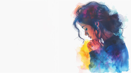 Wall Mural - Colorful watercolor paint of A girl bowing her head in prayer to God
