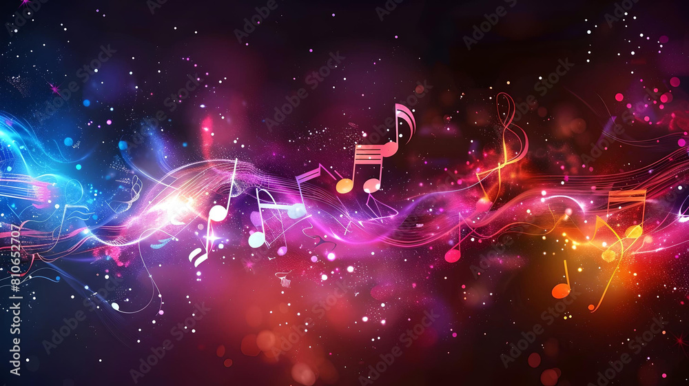 Vibrant abstract background with flowing music notes and colorful waves ...