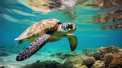 Green turtle swimming under the sea in clear sea water