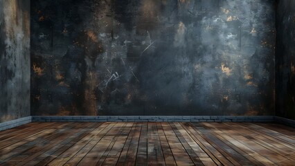 Wall Mural - Brown Wooden Floor and Black Concrete Backdrop in Studio Setting. Concept Studio Photography, Textured Background, Neutral Tones