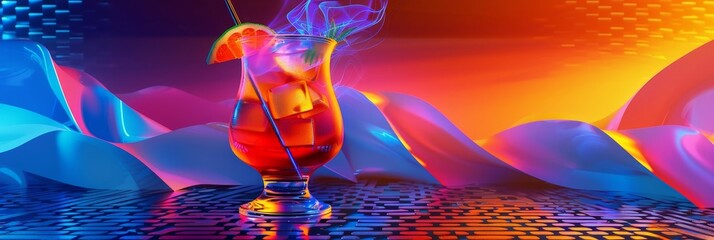 Wall Mural - Flaming Cocktail Ignites Vibrant NeonGeometric Wallpaper in Futuristic Digital Art