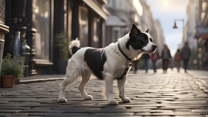 Wall Mural - In a bustling city street, a black and white dog trots alongside its owner, its tail wagging happily as it takes in the sights and sounds of the city. The AI platform captures every detail of the dog'
