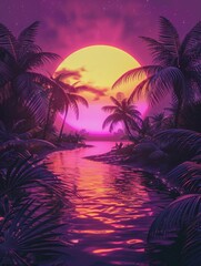 Wall Mural - a tropical scene with a large yellow sun and palm trees