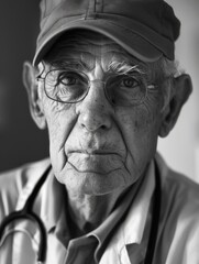 Wall Mural - A man with a hat and glasses is wearing a white shirt and a stethoscope