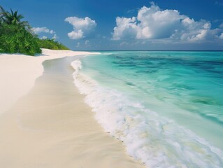 Wall Mural - a beautiful beach with a large body of water in the background