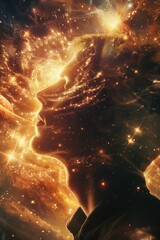 Wall Mural - A person's face is shown in a space filled with stars and glowing lights