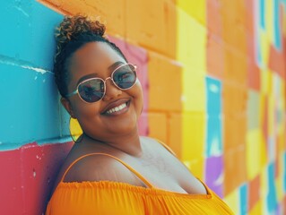 Canvas Print - A woman in a yellow dress is smiling and wearing sunglasses