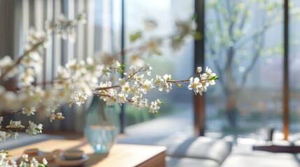 Poster - A vase of white flowers sits on a table in front of a window