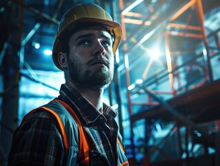 Sticker - A man in a hard hat and orange vest stands in front of a building