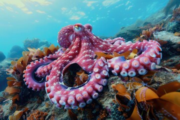 Canvas Print - A large, pink octopus is swimming in the ocean