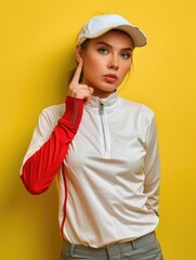 Poster - A woman is posing for a picture in a white shirt with a red stripe