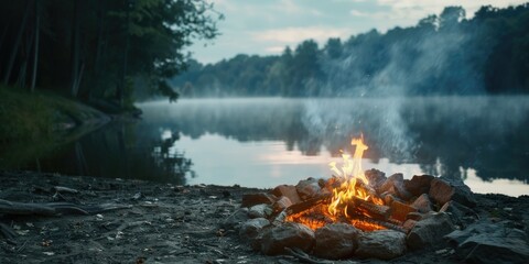 Wall Mural - A fire is burning in a circle on a beach next to a lake