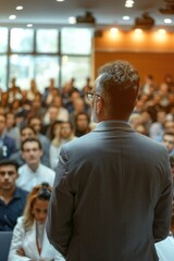 Wall Mural - A man stands in front of a crowd of people, giving a speech