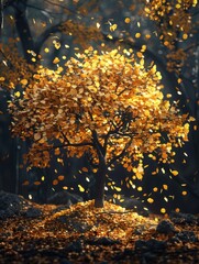 Poster - A tree with yellow leaves is surrounded by a pile of leaves