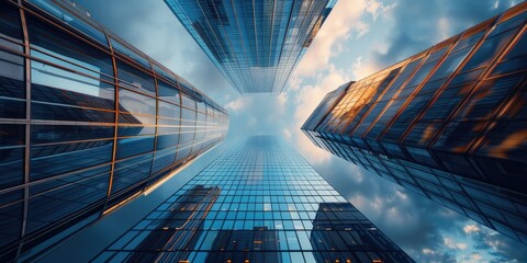 Wall Mural - a city skyline with three tall buildings and a cloudy sky