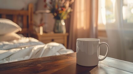 Canvas Print - A white coffee cup sits on a wooden table in a bedroom