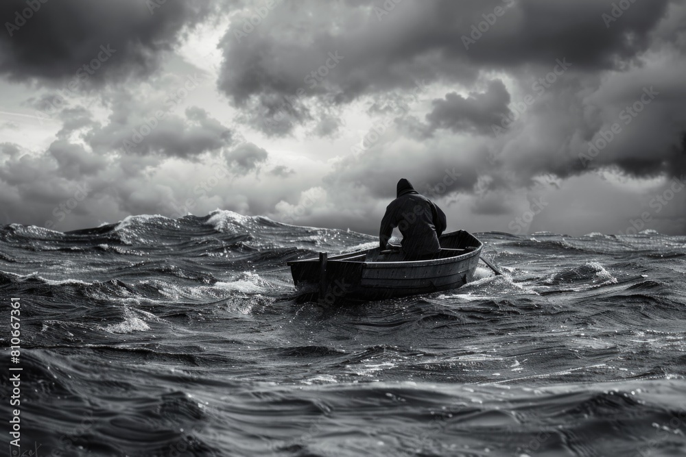 A man is rowing a boat in the ocean