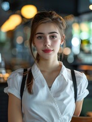 Wall Mural - A woman with long brown hair and a white shirt is smiling for the camera