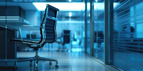 A blue office chair sits in front of a desk