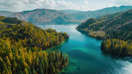 Sticker - A beautiful lake surrounded by trees and mountains