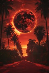 Wall Mural - A red moon is in the sky above a road with palm trees