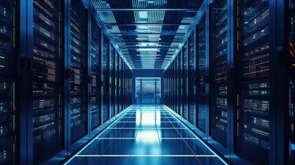 Poster - data center filled with rows of servers and network equipment, 