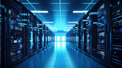 Poster - data center filled with rows of servers and network equipment, 