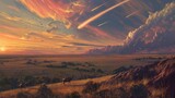 Malowidło ilustruje zachód słońca nad obszernym polem, na którym pasą się zwierzęta. W oddali widoczne są stada zwierząt. Kolory nieba i pola łączą się tworząc niezwykły widok