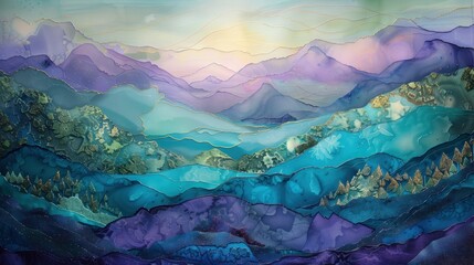 Fototapeta malarstwo przedstawia góry wyrastające na tle nieba. dominuje kolor ametystu, tworząc abstrakcyjne krajobrazy snów
