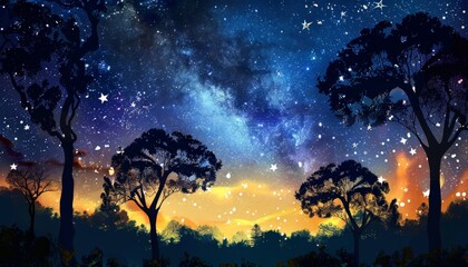 Wall Mural - a dark sky with a few trees and a few stars by ai generated image