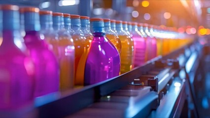 Wall Mural - Automated Glass Bottle Conveyor Belt in a Juice Packaging Factory. Concept Conveyor Belt System, Glass Bottle Handling, Beverage Packaging, Factory Automation, Juice Production