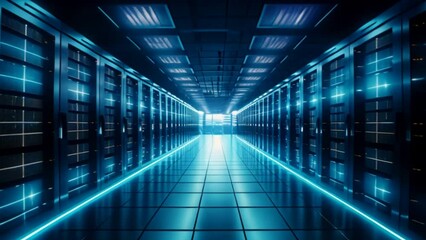 Poster - A bustling data center filled with rows upon rows of servers, their lights blinking in a mesmerizing rhythm.A long hallway with blue lights and a window.