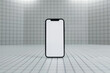 Empty screen smartphone in white tile background for mockup. mobile phone in an empty space. Ai generated.