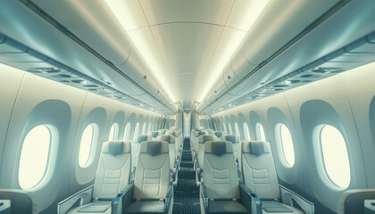 Wall Mural - The inside of a plane is shown with a lot of white and blue by AI generated image