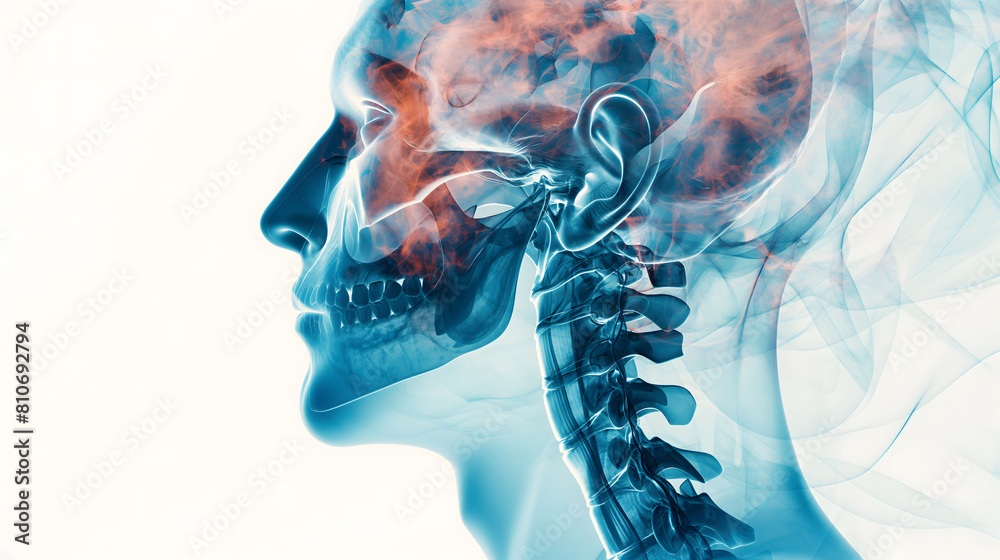 Illustration of a human head and neck in x-ray style with a blue and ...