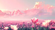 Illustration of spring pink tulips field. Flower landscape banner