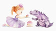 Adorable girl in purple ballerina dress with cute crocodile. Watercolor hand drawing on white background