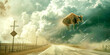 A bull hovering over the road in a surreal photo. Animal freedom feeling. Banner