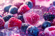Ice and blueberries, raspberries, strawberries. Background with healthy food.