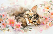 Happy kitten lies in the spring flowers on white background. Watercolor illustration