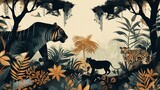 Malarstwo przedstawiające tygrysa oraz inne zwierzęta w ich naturalnym środowisku dżungli. Tygrys otoczony jest różnorodnymi stworzeniami, tworzącymi dynamiczną scenę